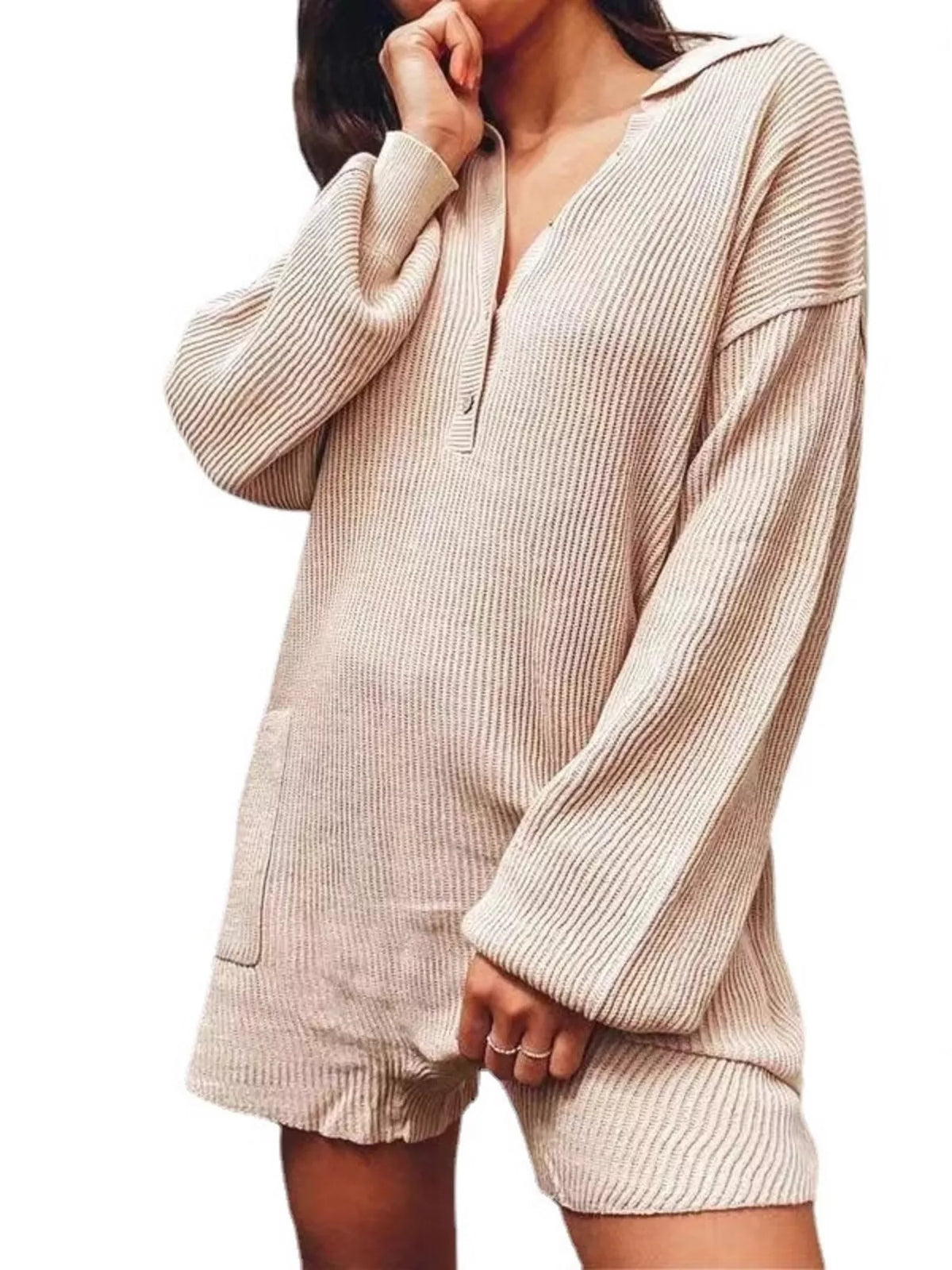 Ribbed Knit Long-Sleeve Romper