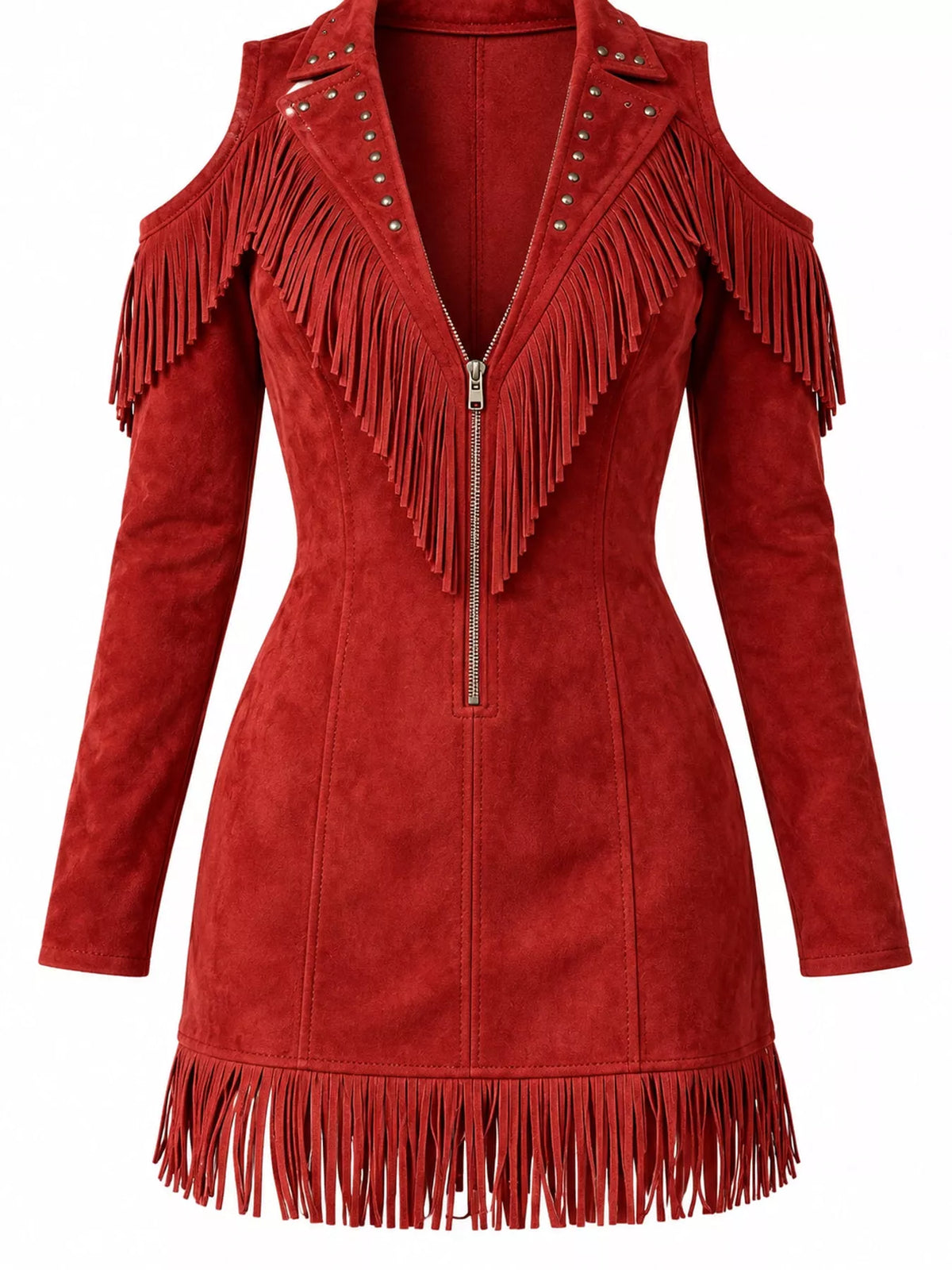 Fringed Cold-Shoulder Zip-Front Mini Dress