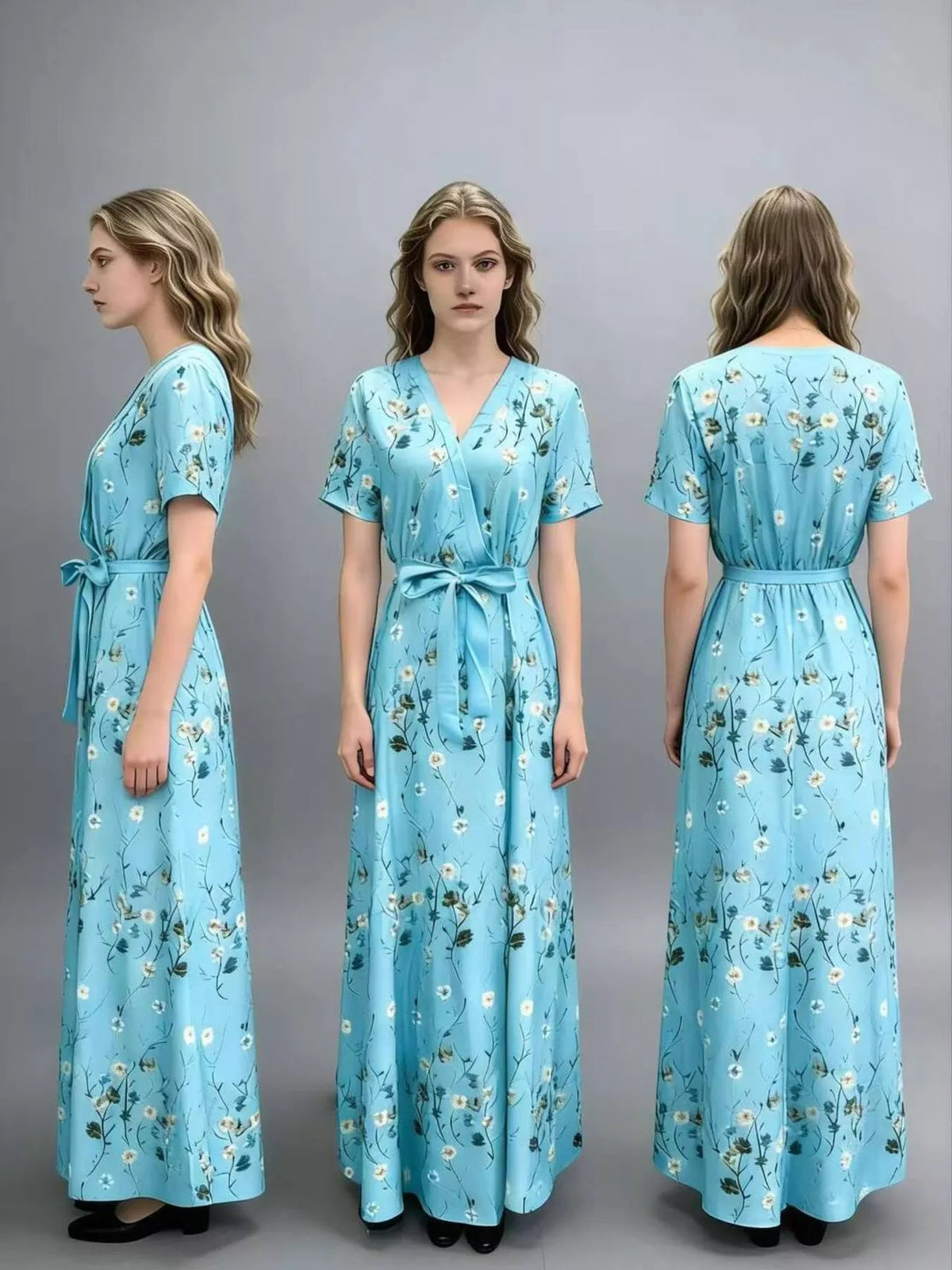 Floral Print Belted Wrap Maxi Dress in Sky Blue
