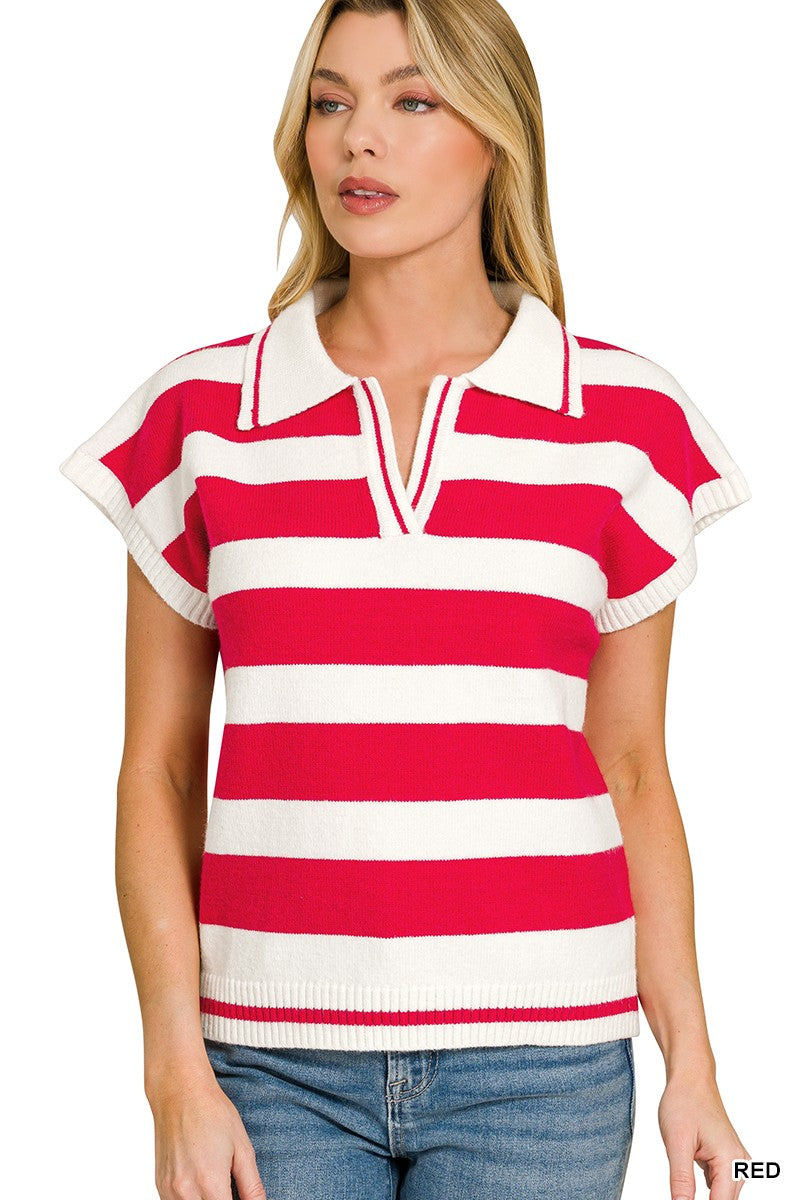 Zenana Striped Collared Short Sleeve Sweater in Red