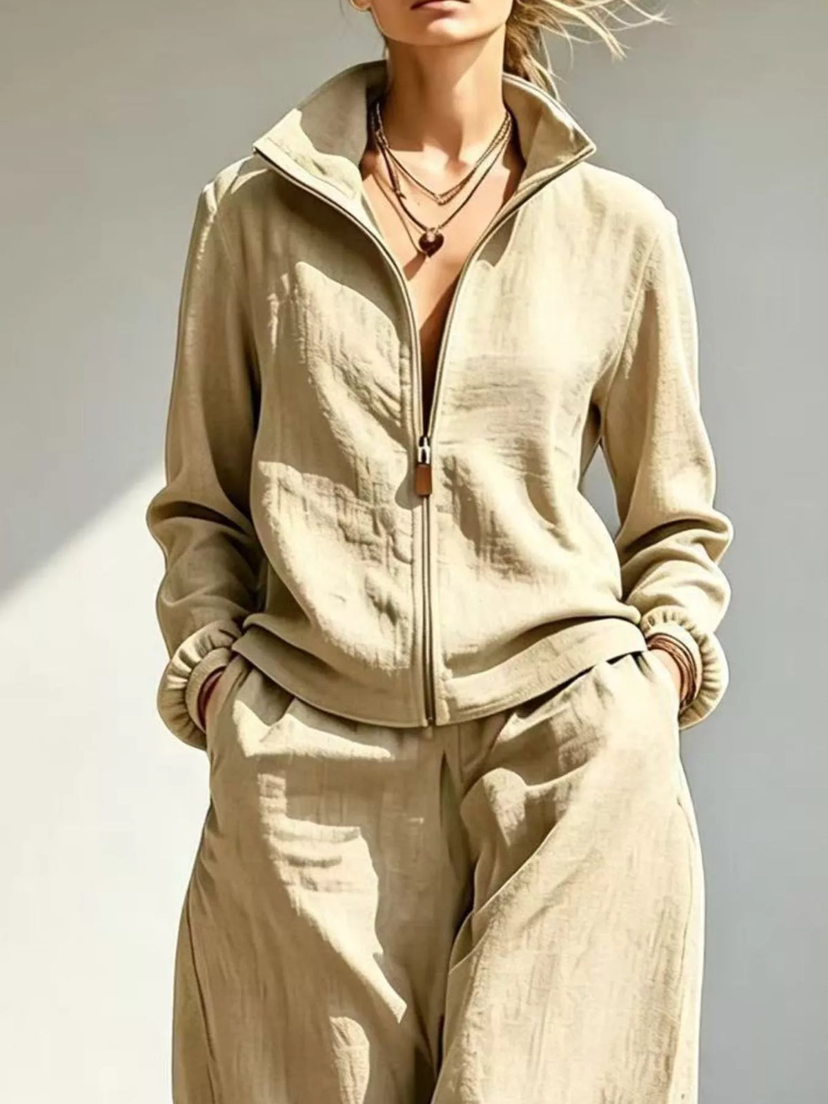 Zip-Up Jacket and Wide-Leg Pants Set in Peacock Blue