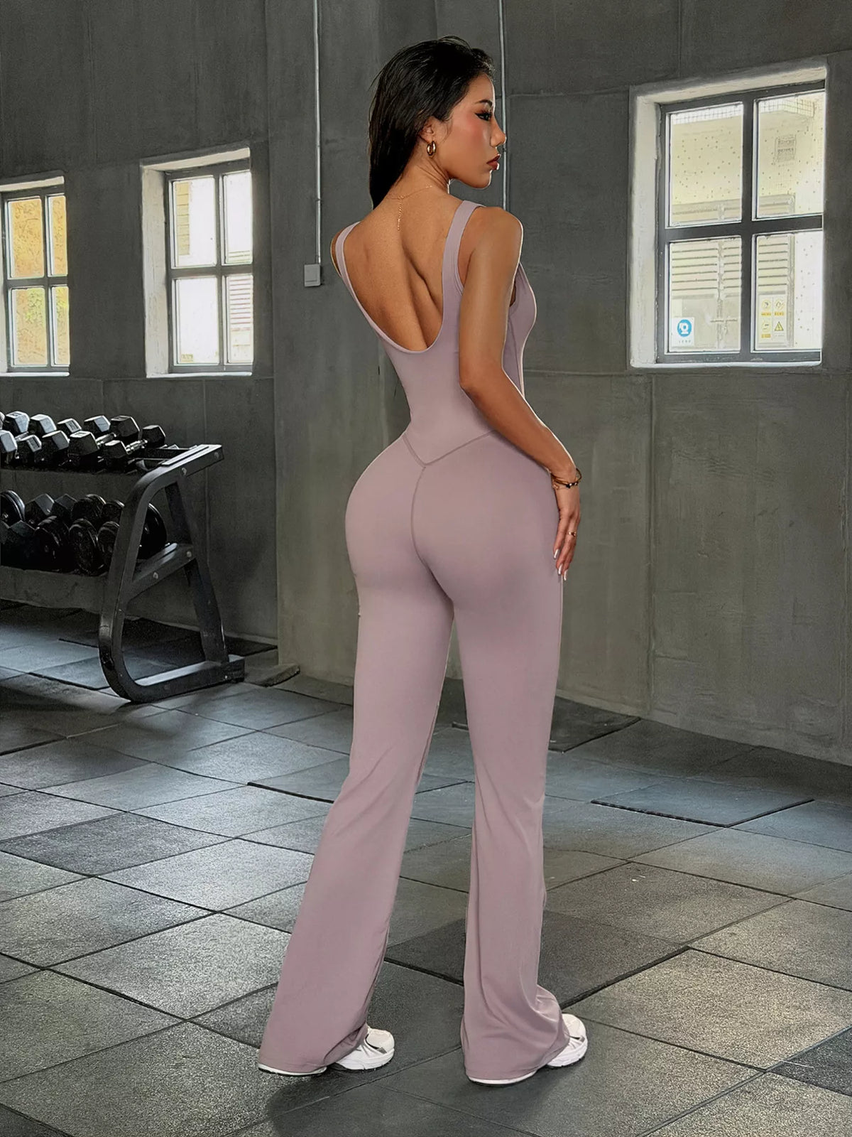 Sleeveless Flared Leg Jumpsuit in Grayish Purple