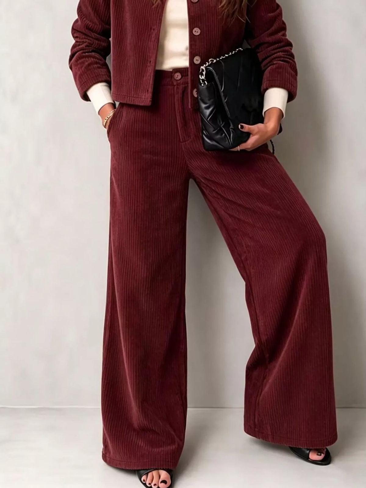 Corduroy Button-Down Jacket and Wide-Leg Pants Set