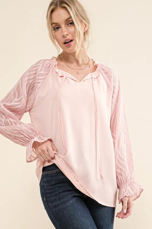 And The Why Leaf-Textured Sleeve Blouse in Pink