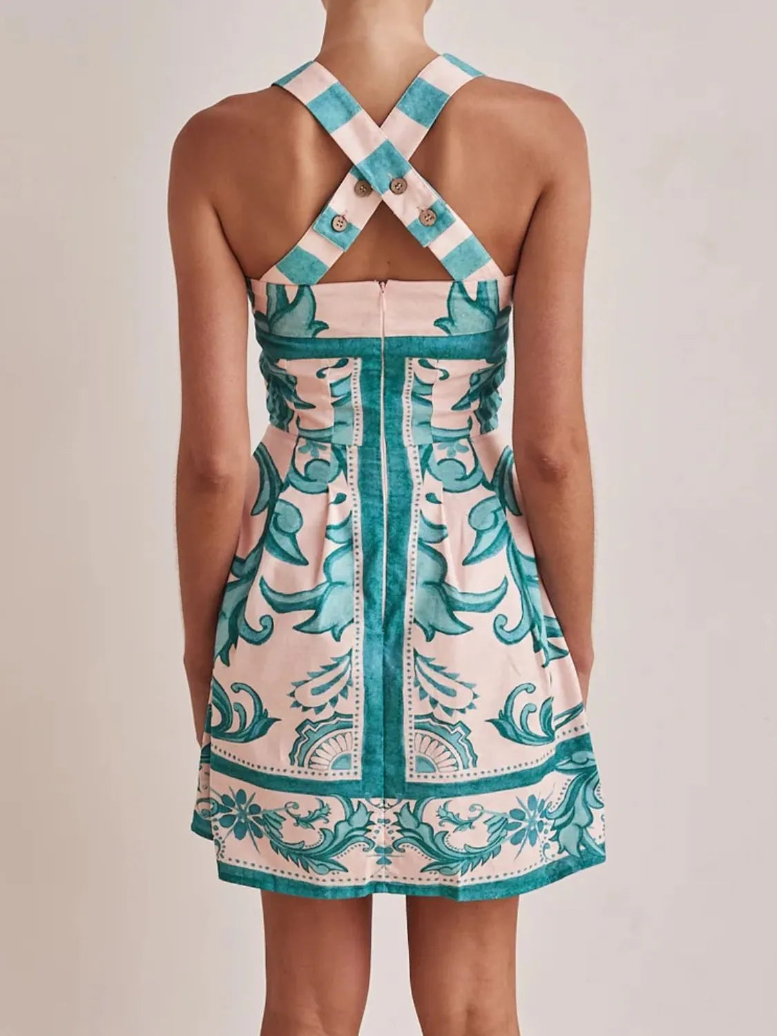 Printed Square Neck Buttoned Midi Dress
