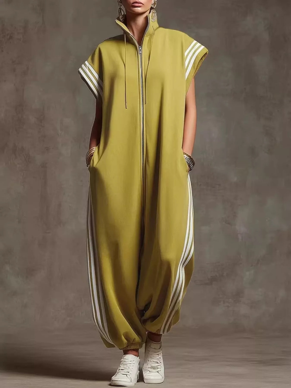 Side Stripe Zip-Front Wide-Leg Jumpsuit