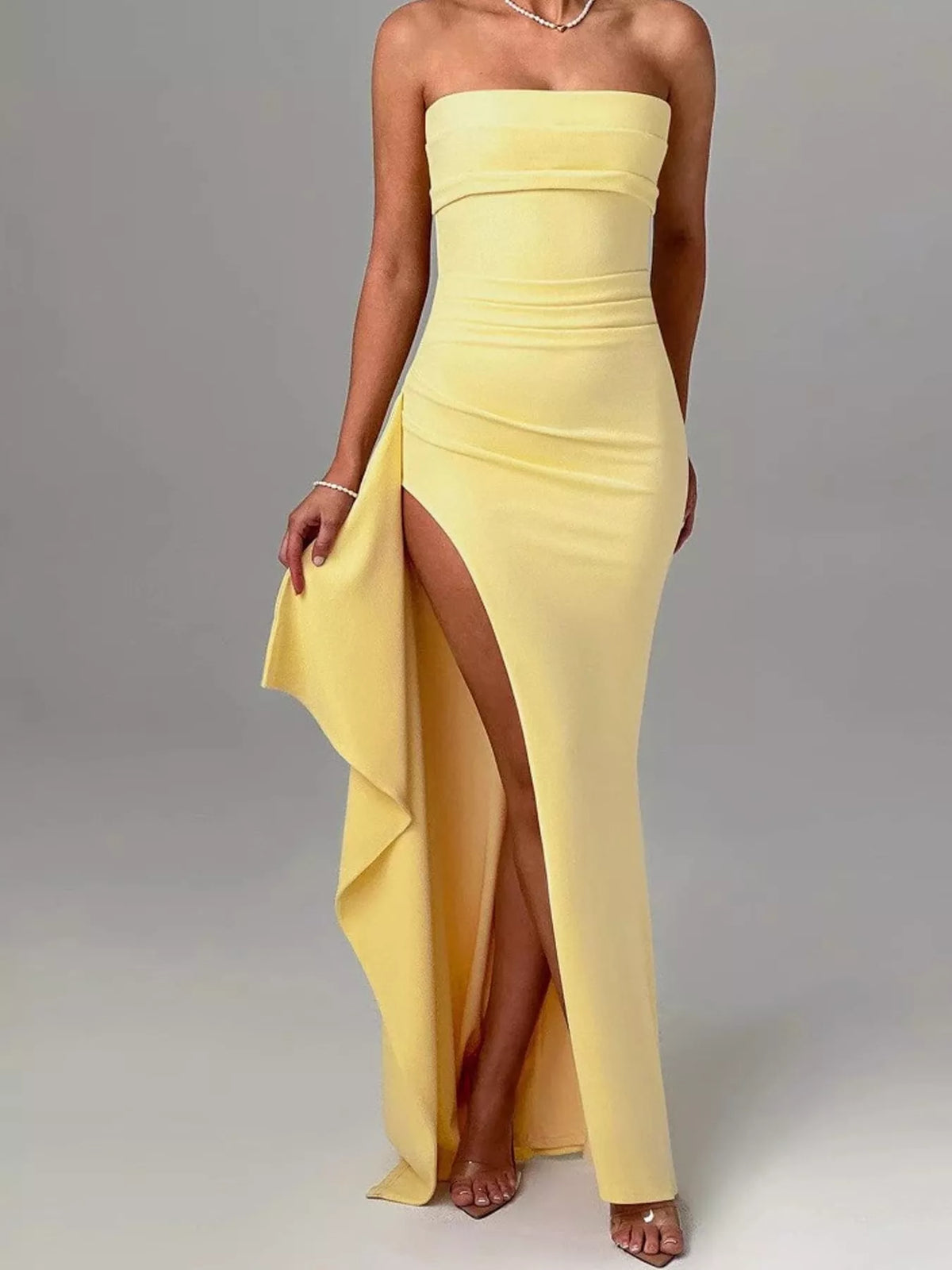 Strapless High-Slit Bodycon Maxi Dress