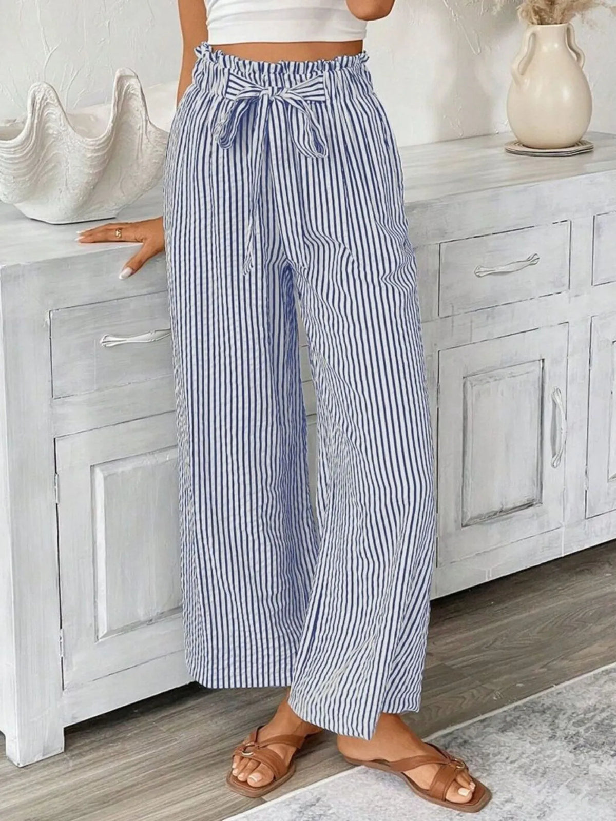 Striped Wide Leg Paper Bag Pants