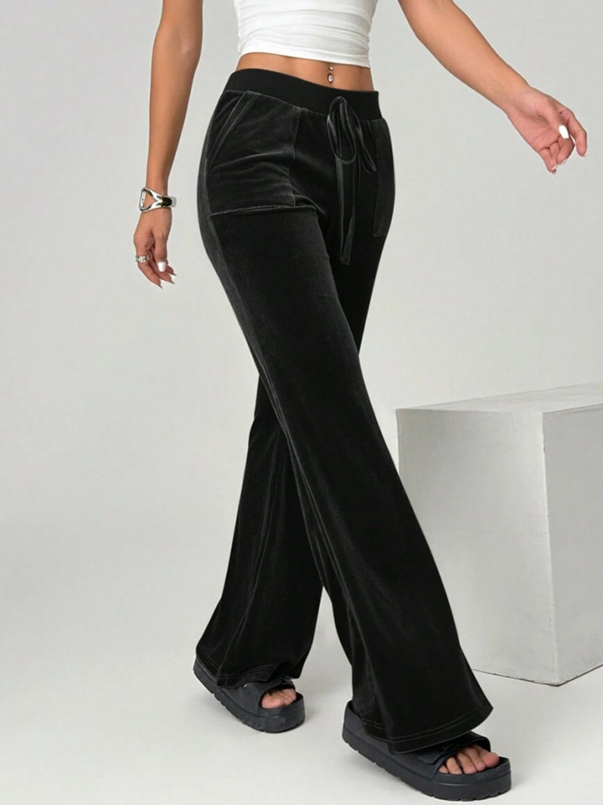 Velvet Flare Pants with Drawstring Waist