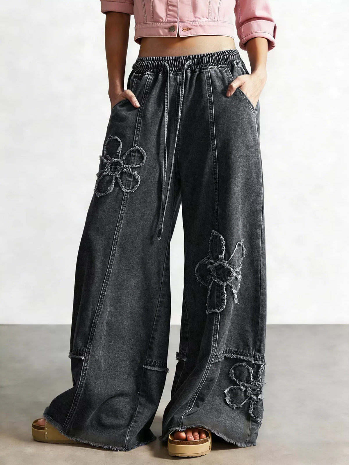 Flower Applique Wide Leg Jeans