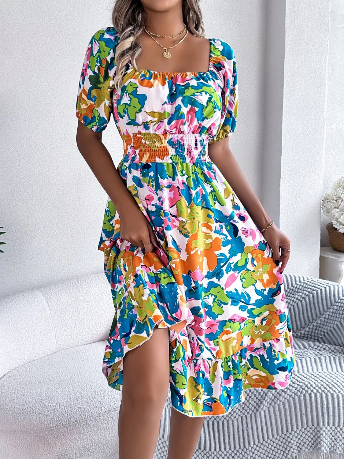 Ruffled Hem Smocked Floral Short Sleeve Midi Dress