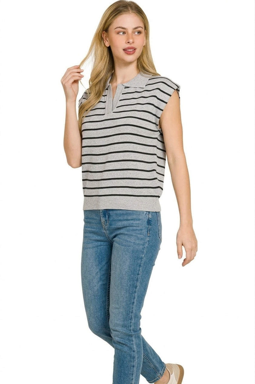 Zenana Viscose Striped Collared Vest in Black and Heather Grey in Black/h grey