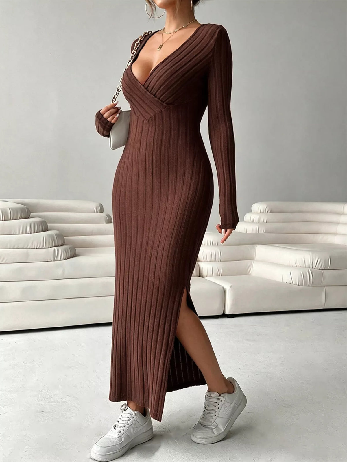 Ribbed Knit Maxi Dress in Coffee Brown