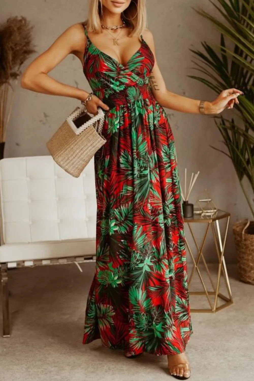 Smocked Spaghetti-Strap Printed Maxi Dress