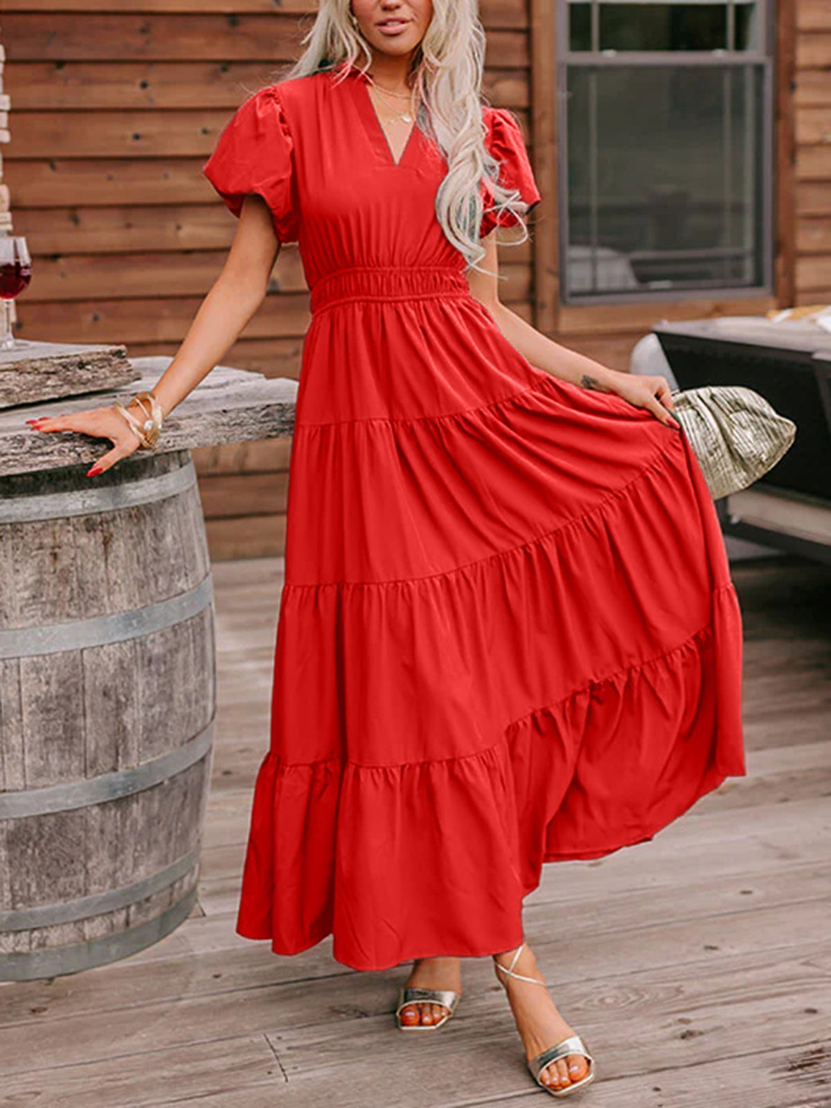 Puff Sleeve Tiered Maxi Dress in Deep Red