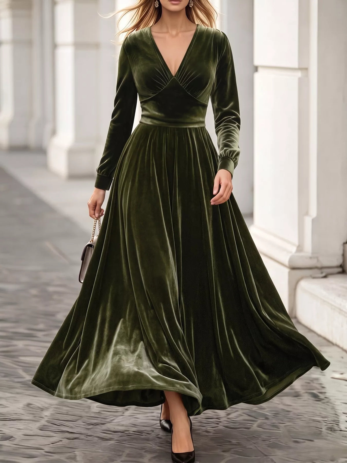 V-Neck Long Sleeve Velvet Maxi Dress in Army Green