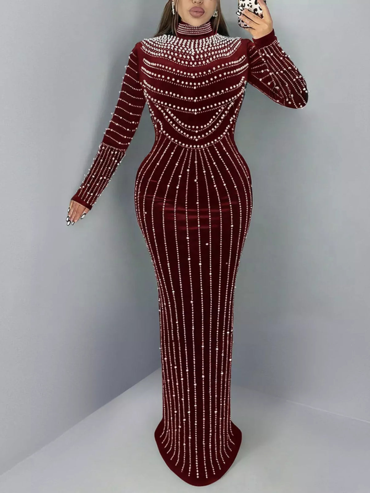 Rhinestone Mock Neck Long Sleeve Maxi Dress