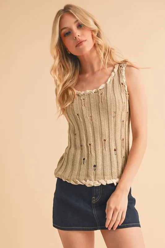 Distressed Round Neck Knit Tank in Khaki