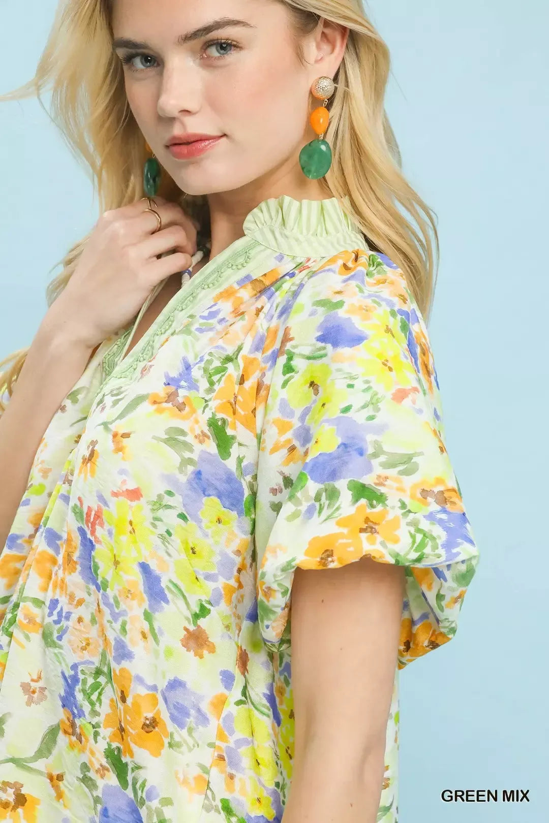 Umgee Watercolor Floral Top in Green Mix
