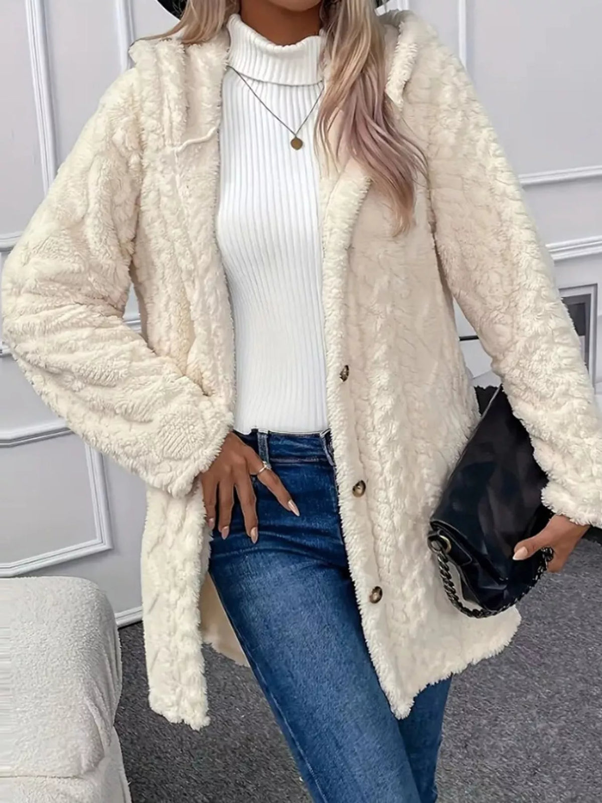 Cozy Cable-Knit Faux Fur Hooded Jacket