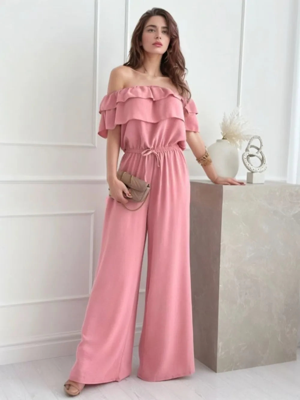 Ruffled Off-Shoulder Wide Leg Jumpsuit