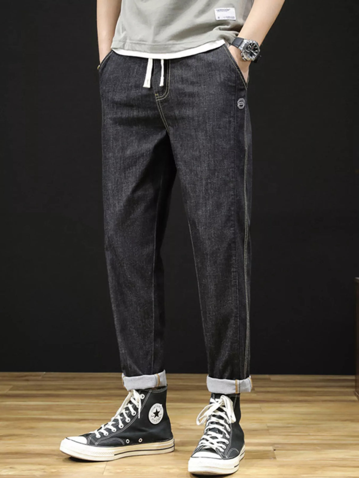 Drawstring Straight Leg Jeans