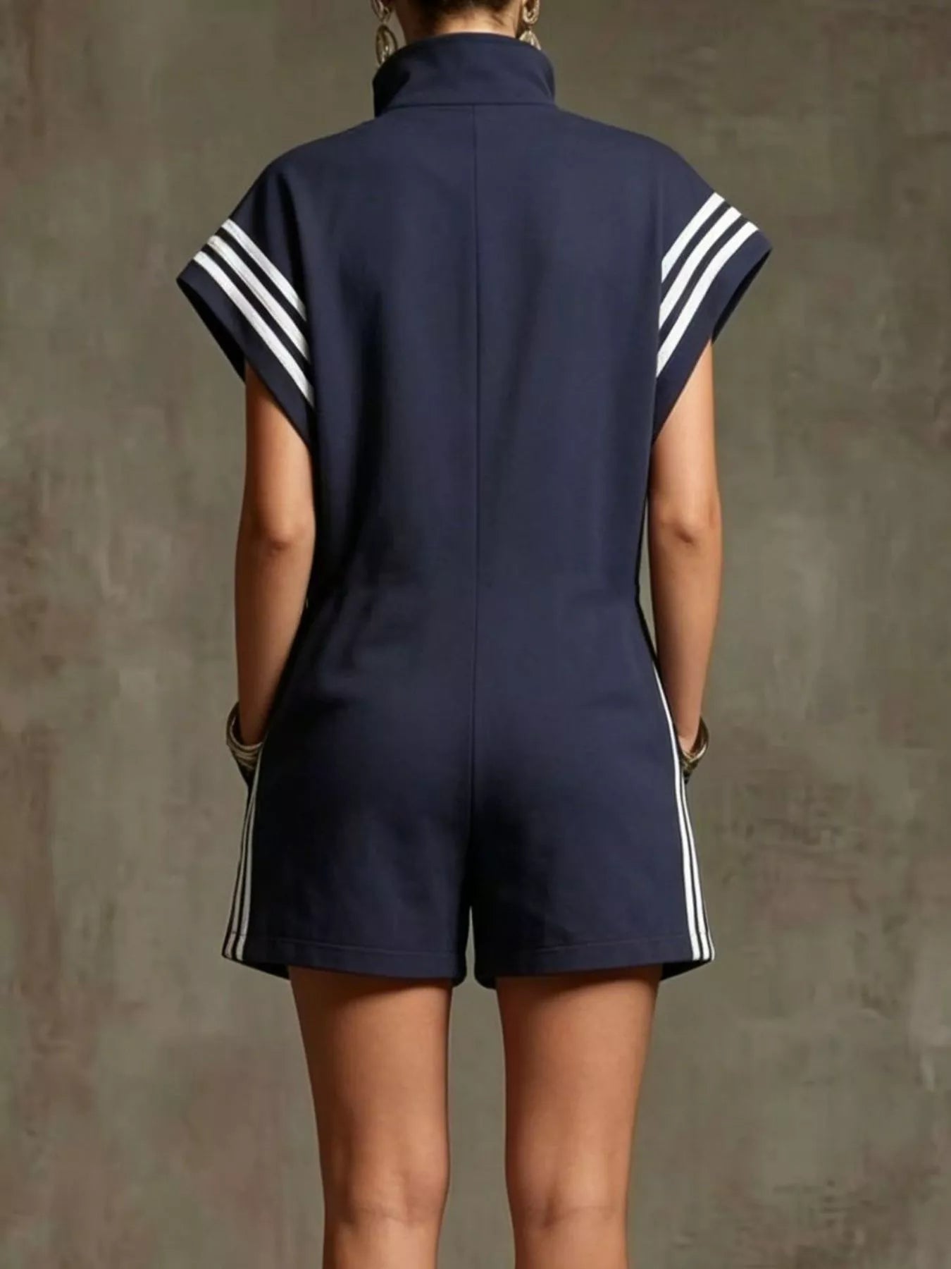 Striped Zip-Front Short-Sleeve Romper