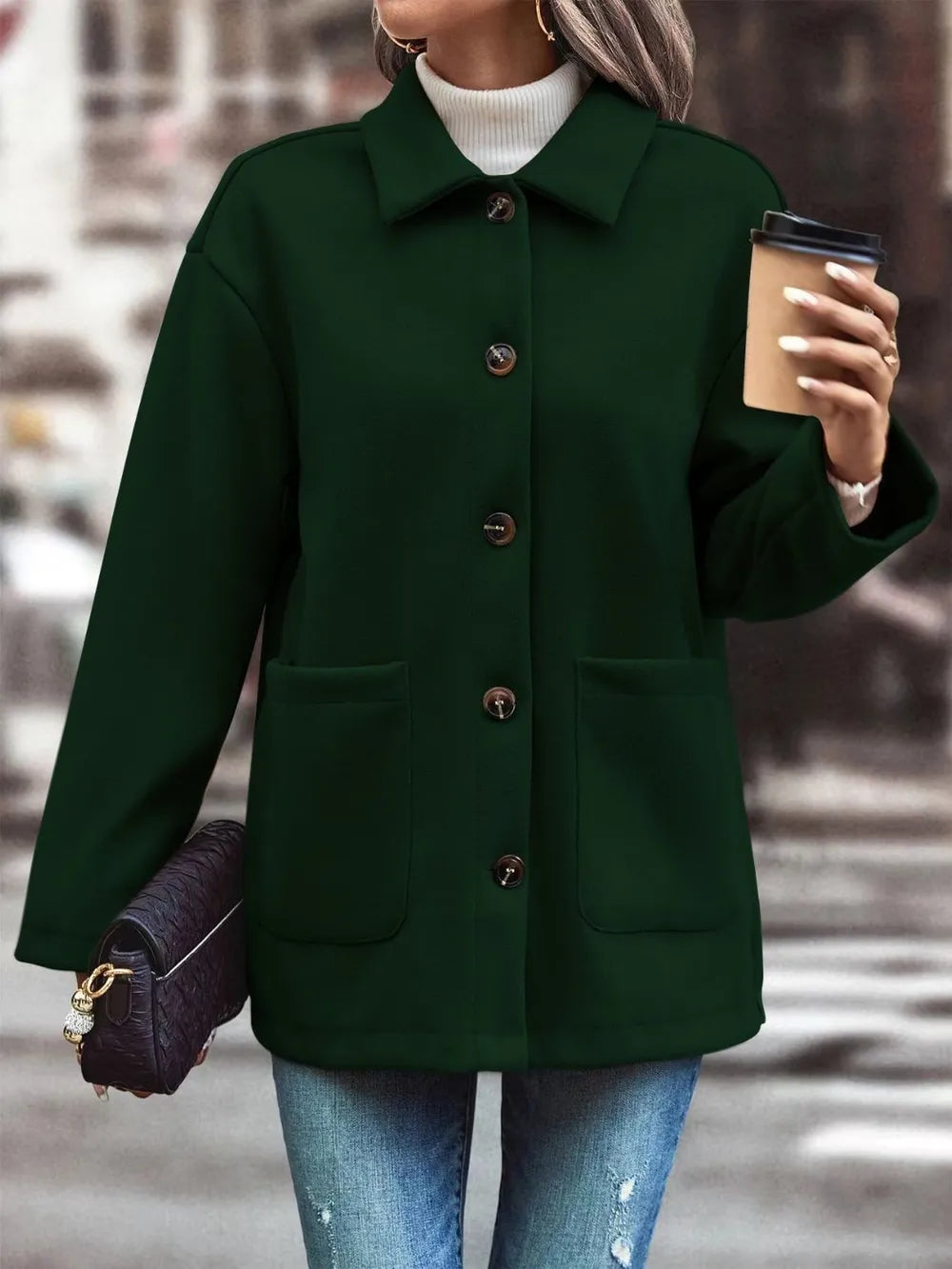 Collared Button-Up Jacket in Black Forest
