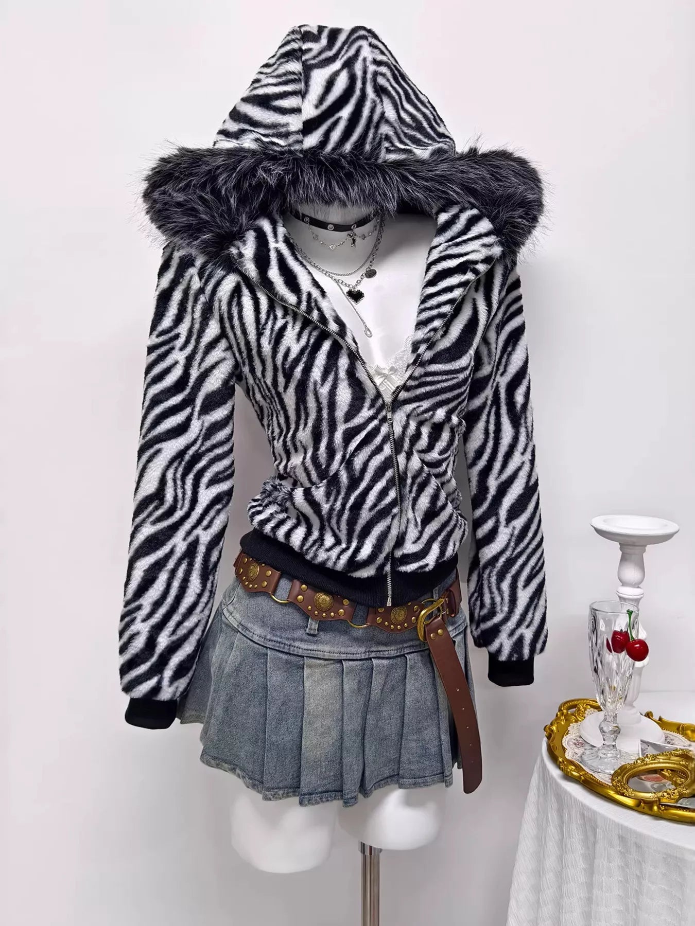 Zebra Faux Fur Hooded Zip-Up Jacket in Black