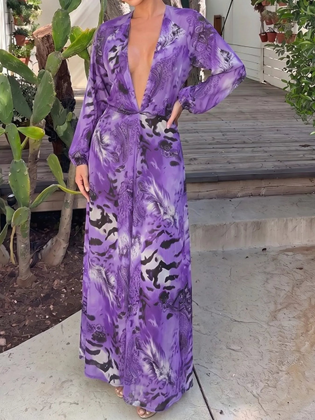 Deep V-Neck Long Sleeve Printed Maxi Dress