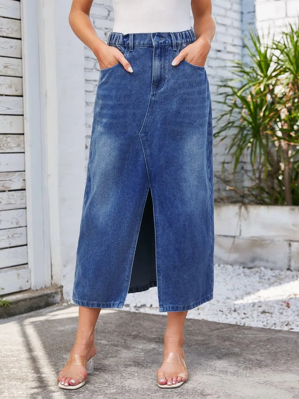 Slit Midi Denim Skirt with Pockets by Manny