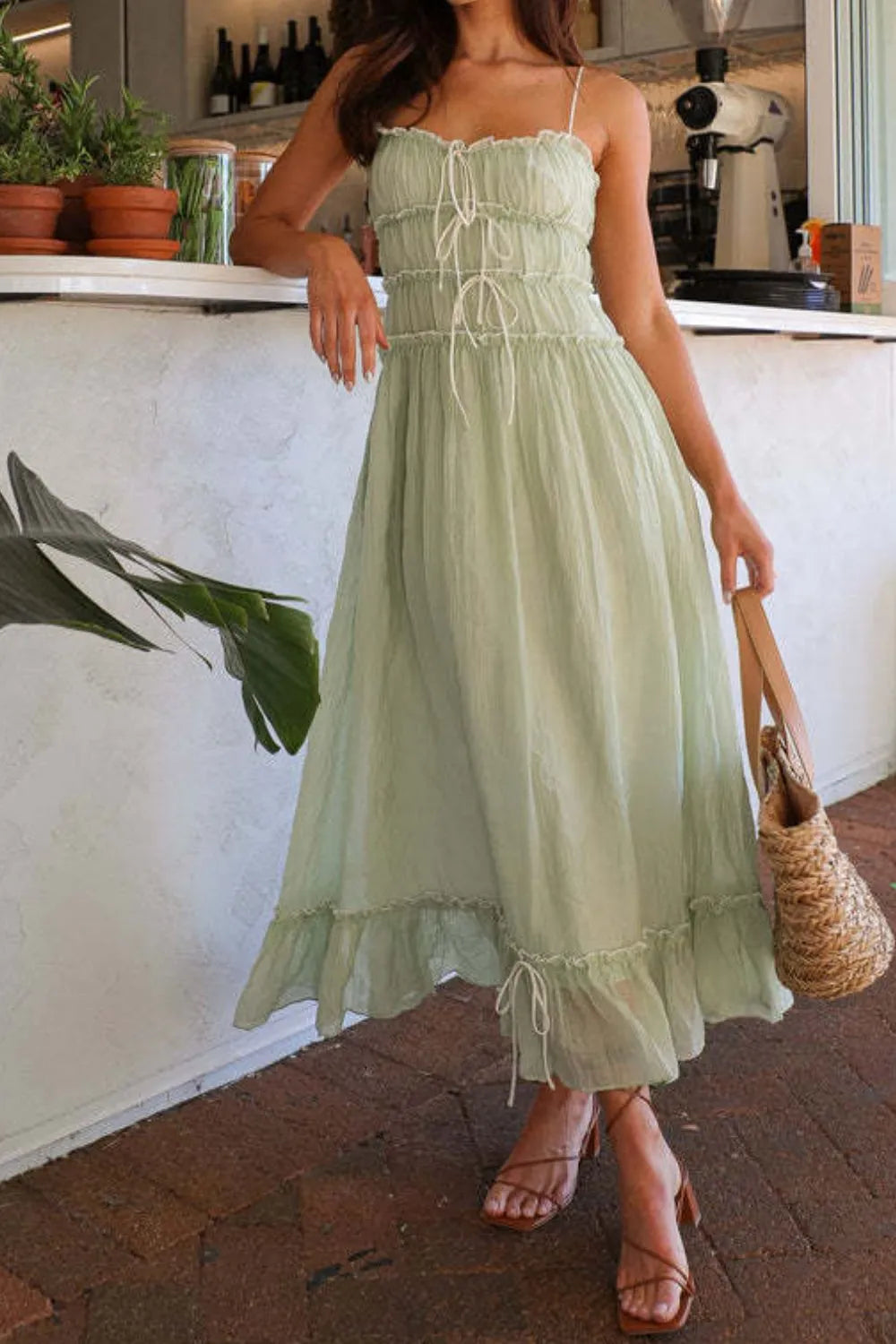 Ruffled Hem Frill Midi Cami Dress in Light Green
