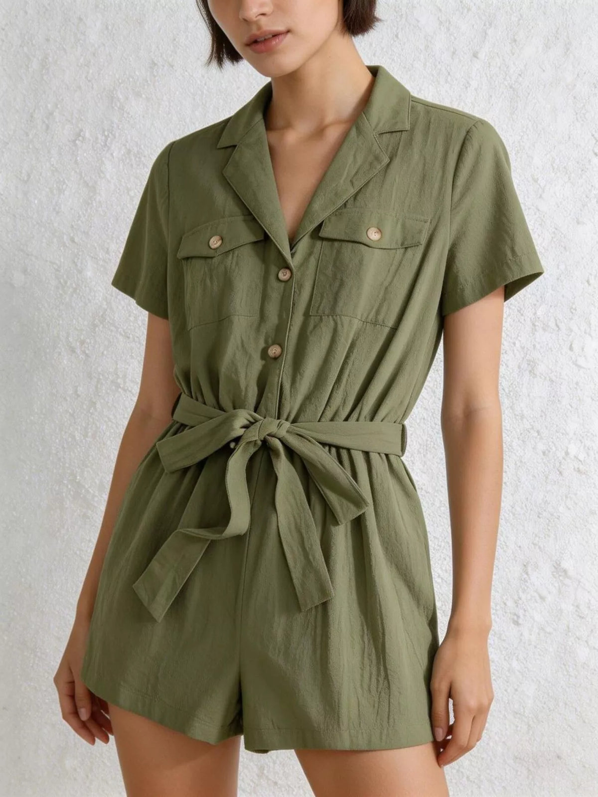 Tie-Waist Short Sleeve Romper in Moss