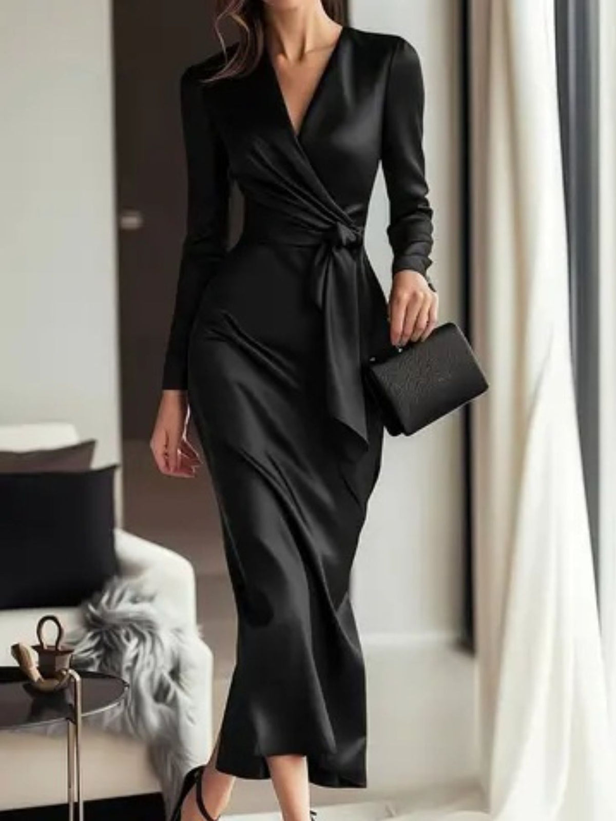 Satin Tie-Waist Long-Sleeve Dress