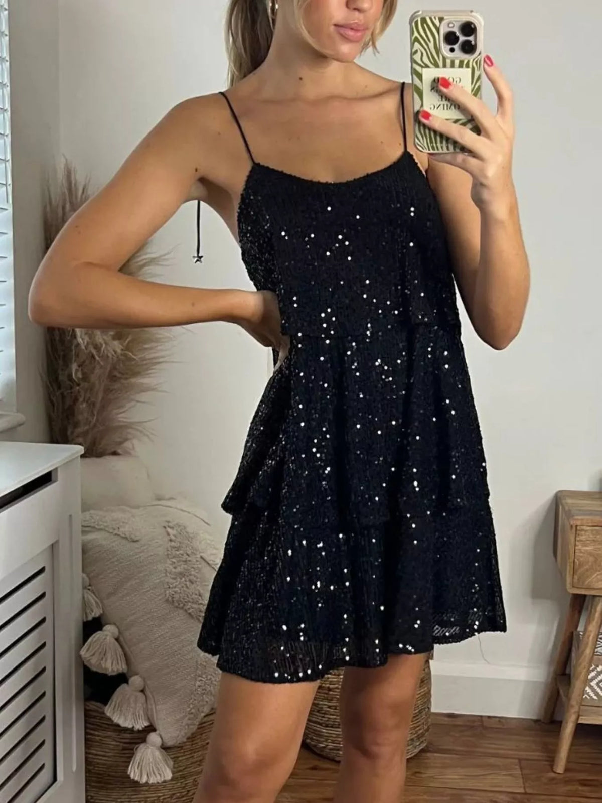 Sequin Tie-Shoulder Mini Dress