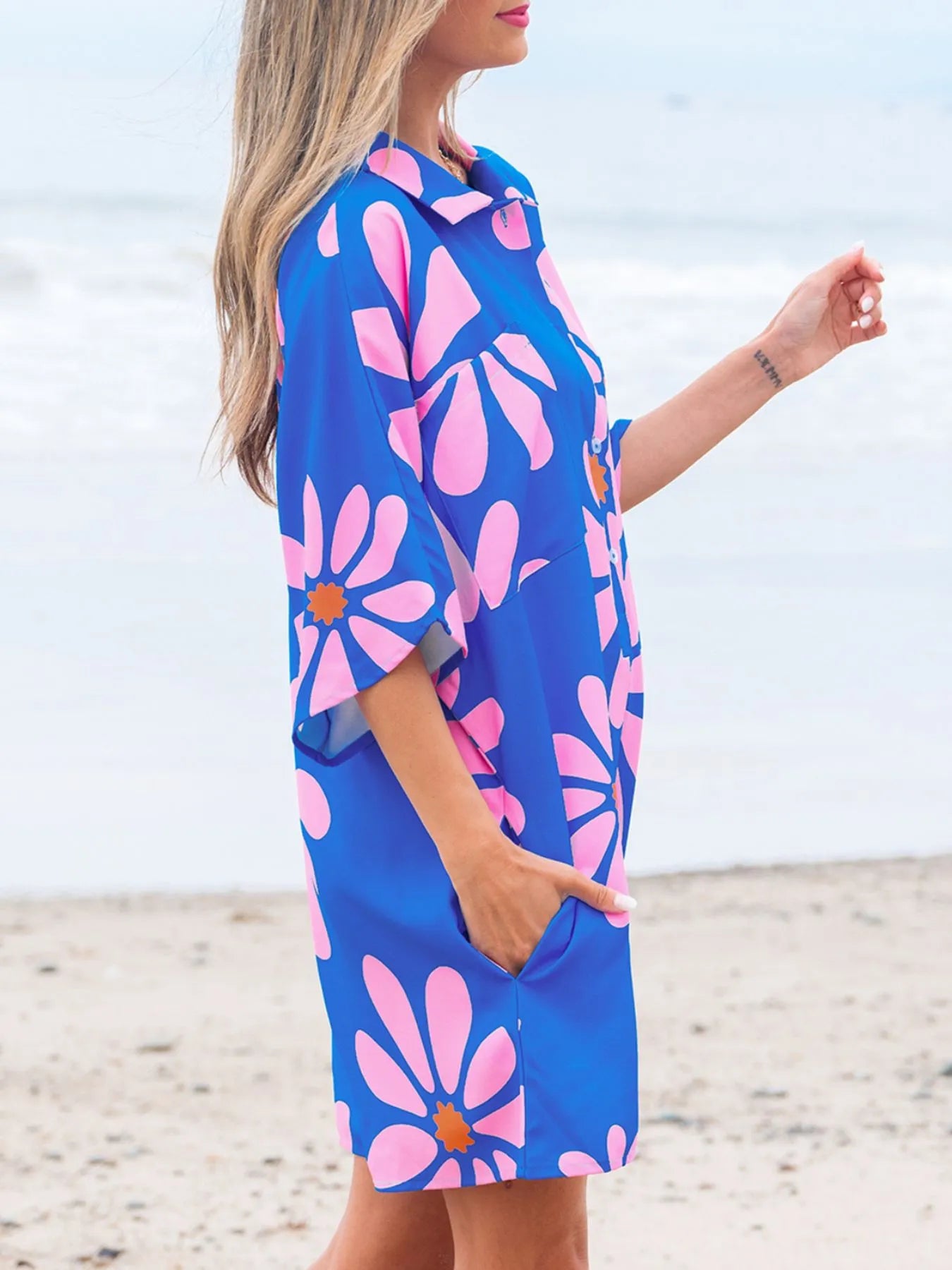 Flower Print Button Front Romper in Blue