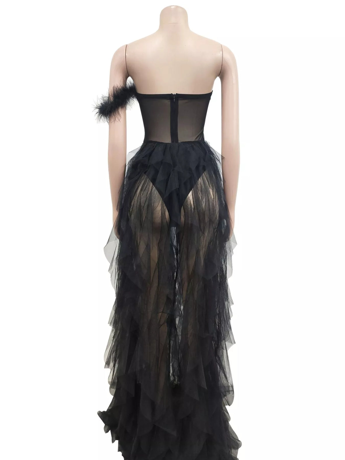 Feathered Corset Tulle Evening Dress