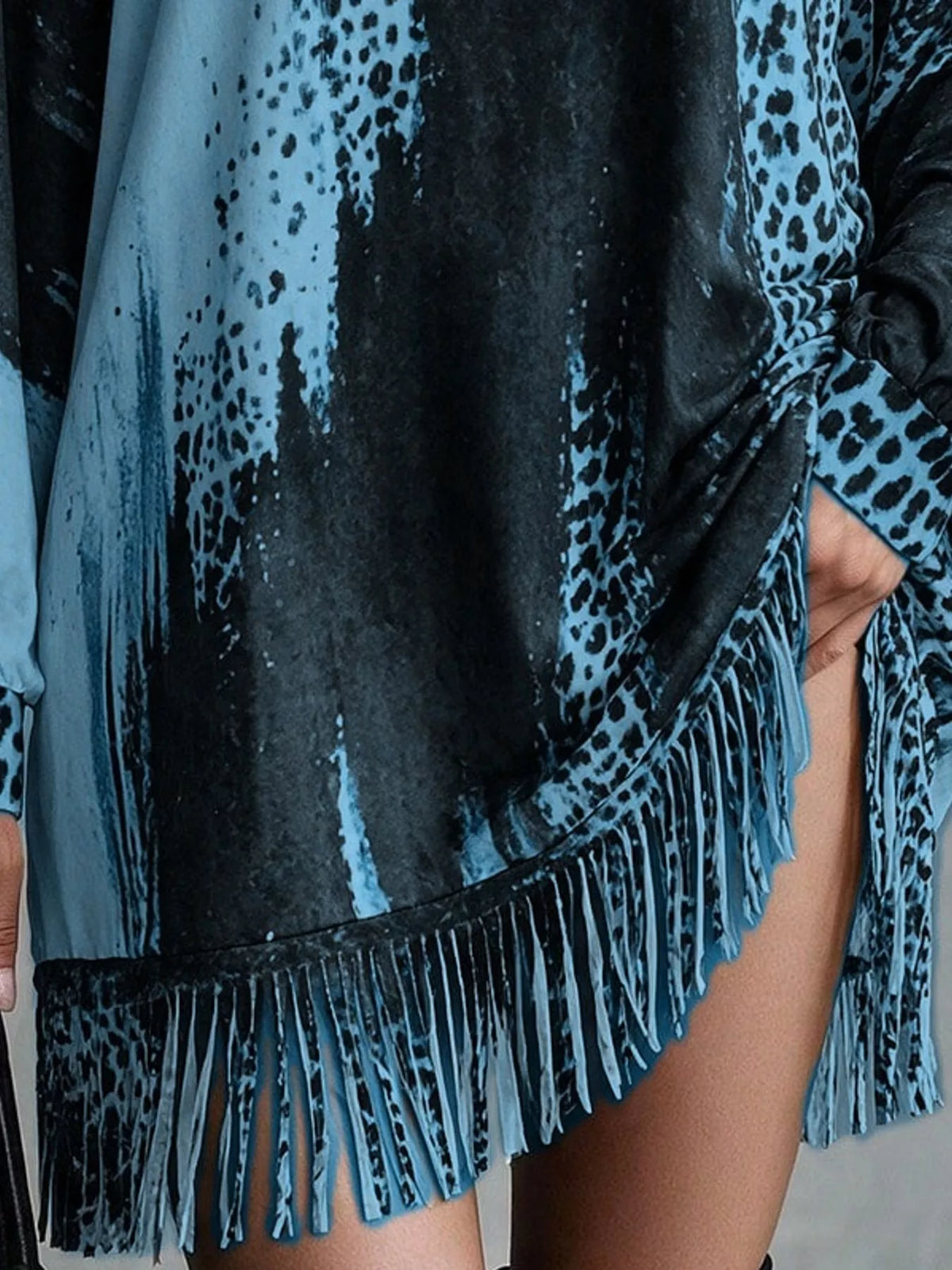 Leopard Print Mock Neck Fringe Hem Mini Dress