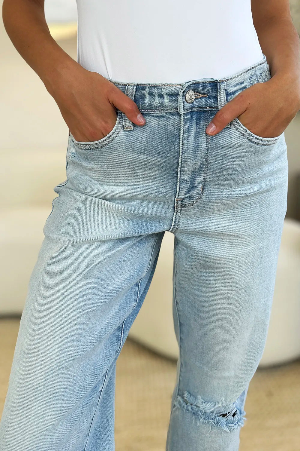 Judy Blue High Waist Distressed Straight Jeans in Light