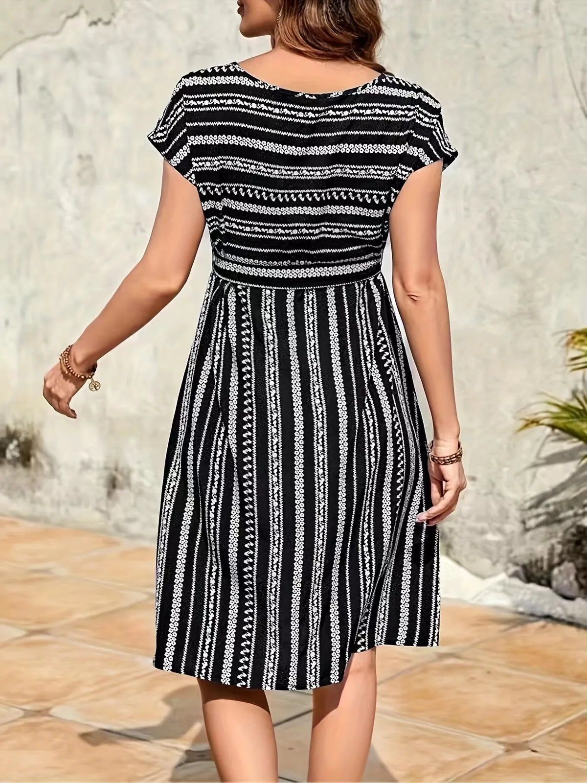 Striped Round Neck Short Sleeve Casual Dress by Elaine