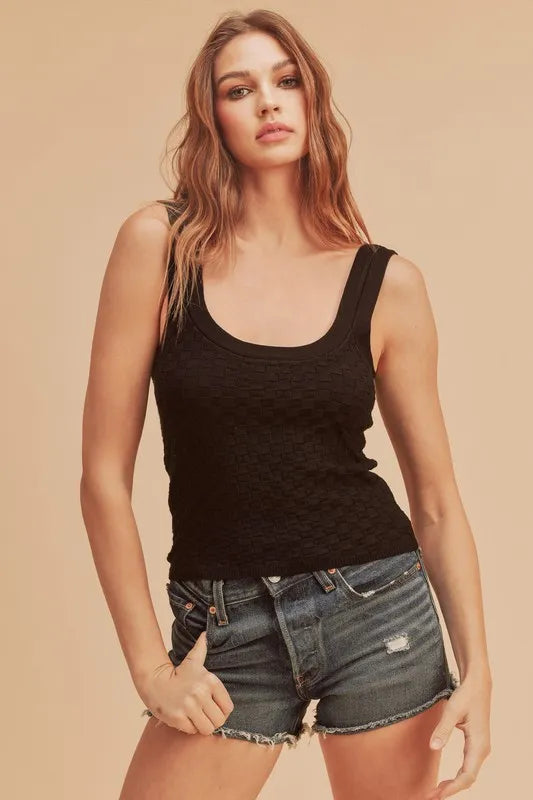 Scoop Neck Wide Strap Knit Tank in Black