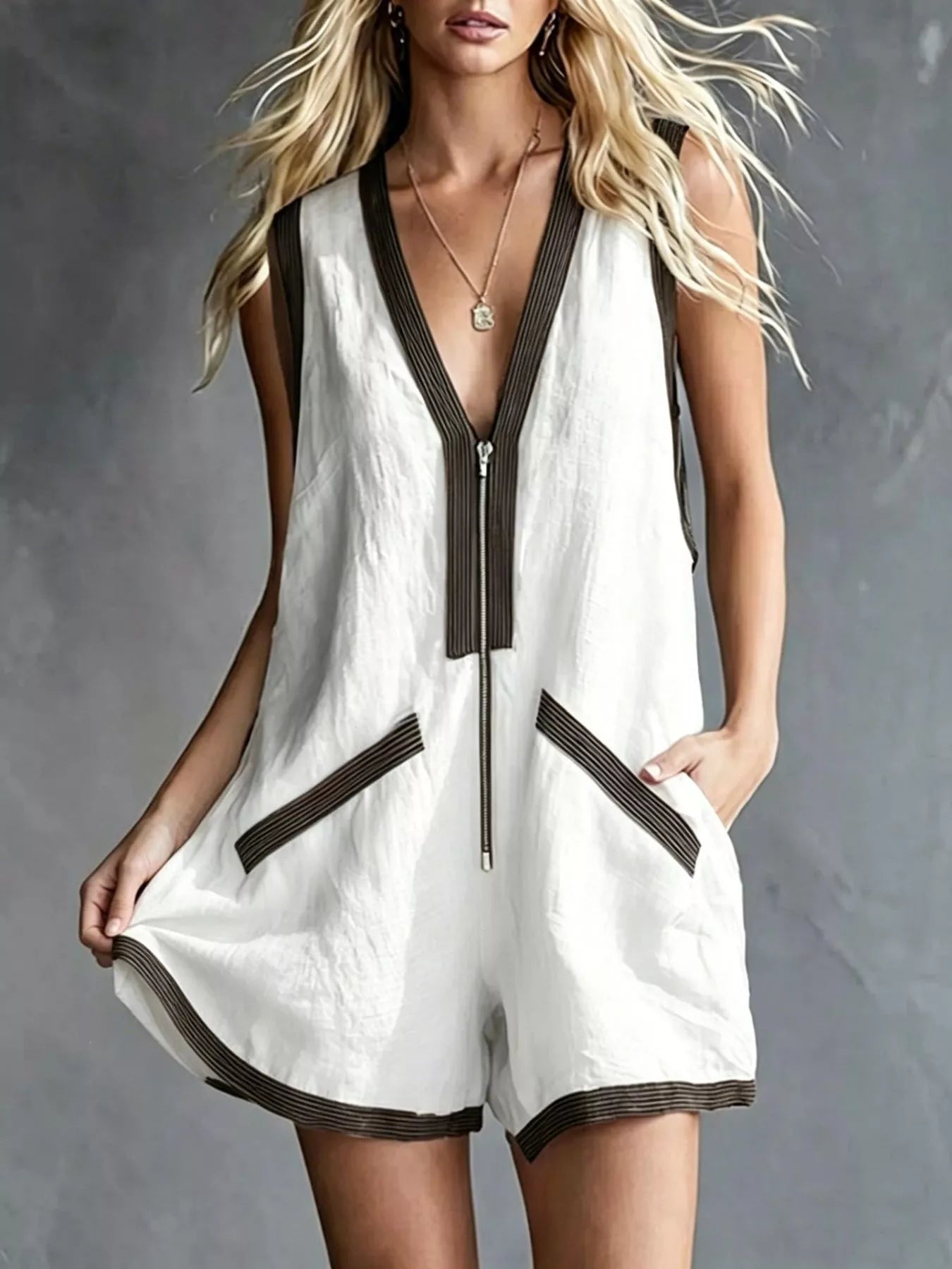 V-Neck Zip-Front Romper with Contrast Trim