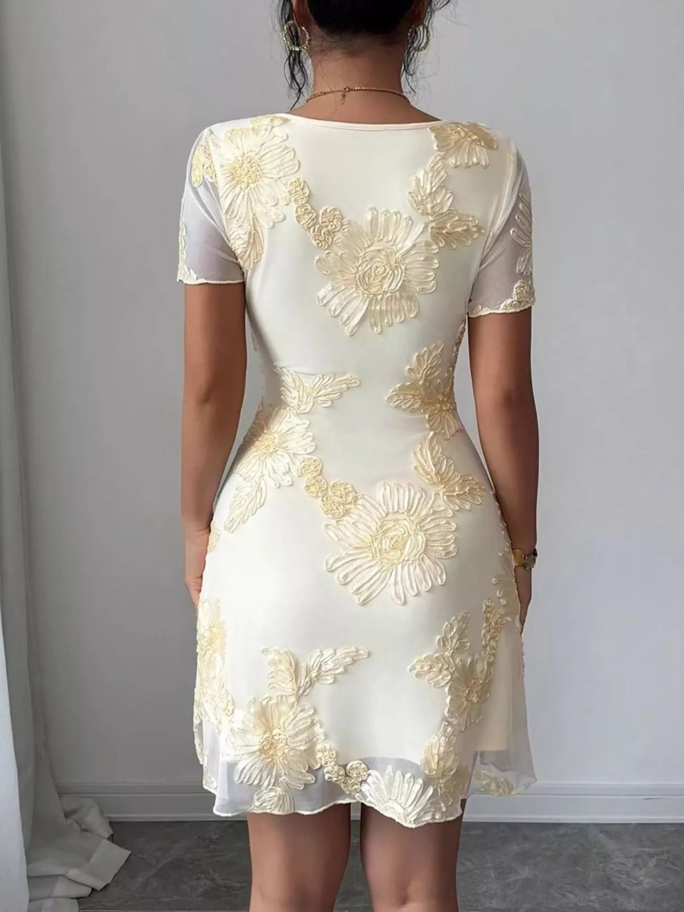 Floral Mesh Short Sleeve Mini Dress in Milky White