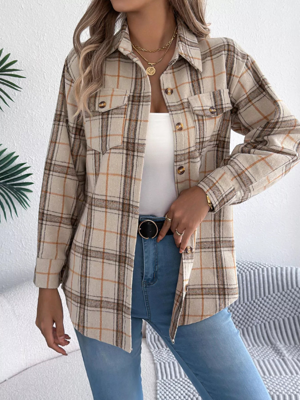 Plaid Button-Down Shacket by Clise
