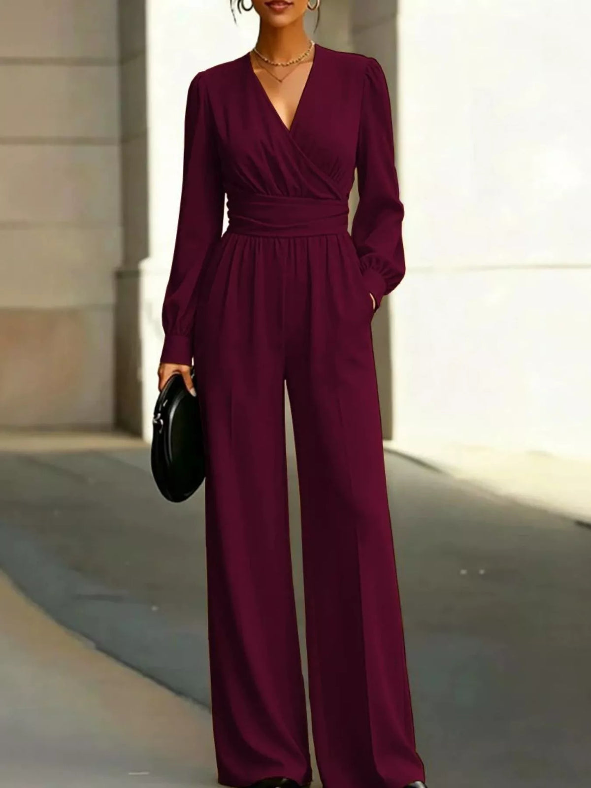Surplice Long Sleeve Wide-Leg Jumpsuit