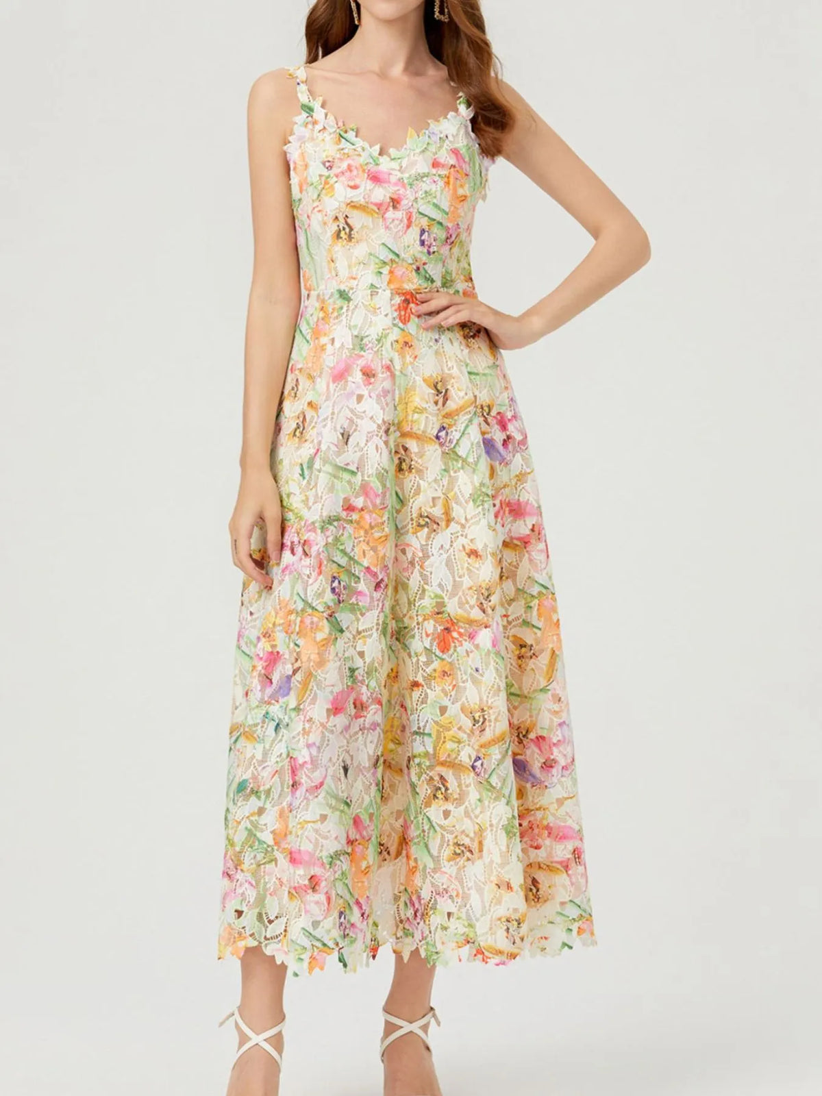 Floral Lace V-Neck Midi Dress