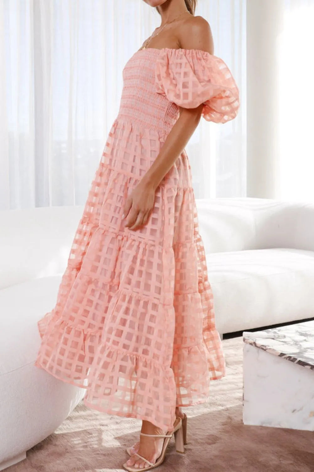 Off Shoulder Puff Sleeve Midi Dress