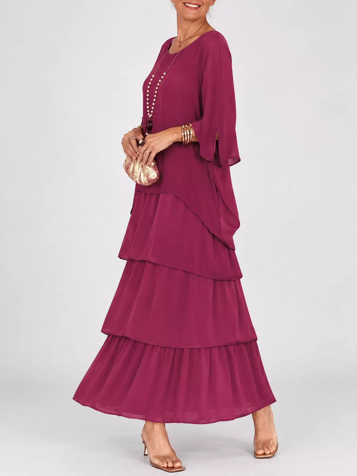Layered Batwing-Sleeve Tiered Maxi Dress
