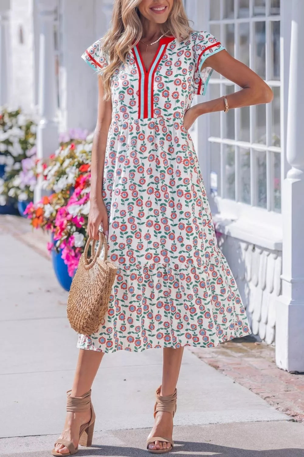 Ruffle Sleeve Tiered Midi Dress in Strawberry