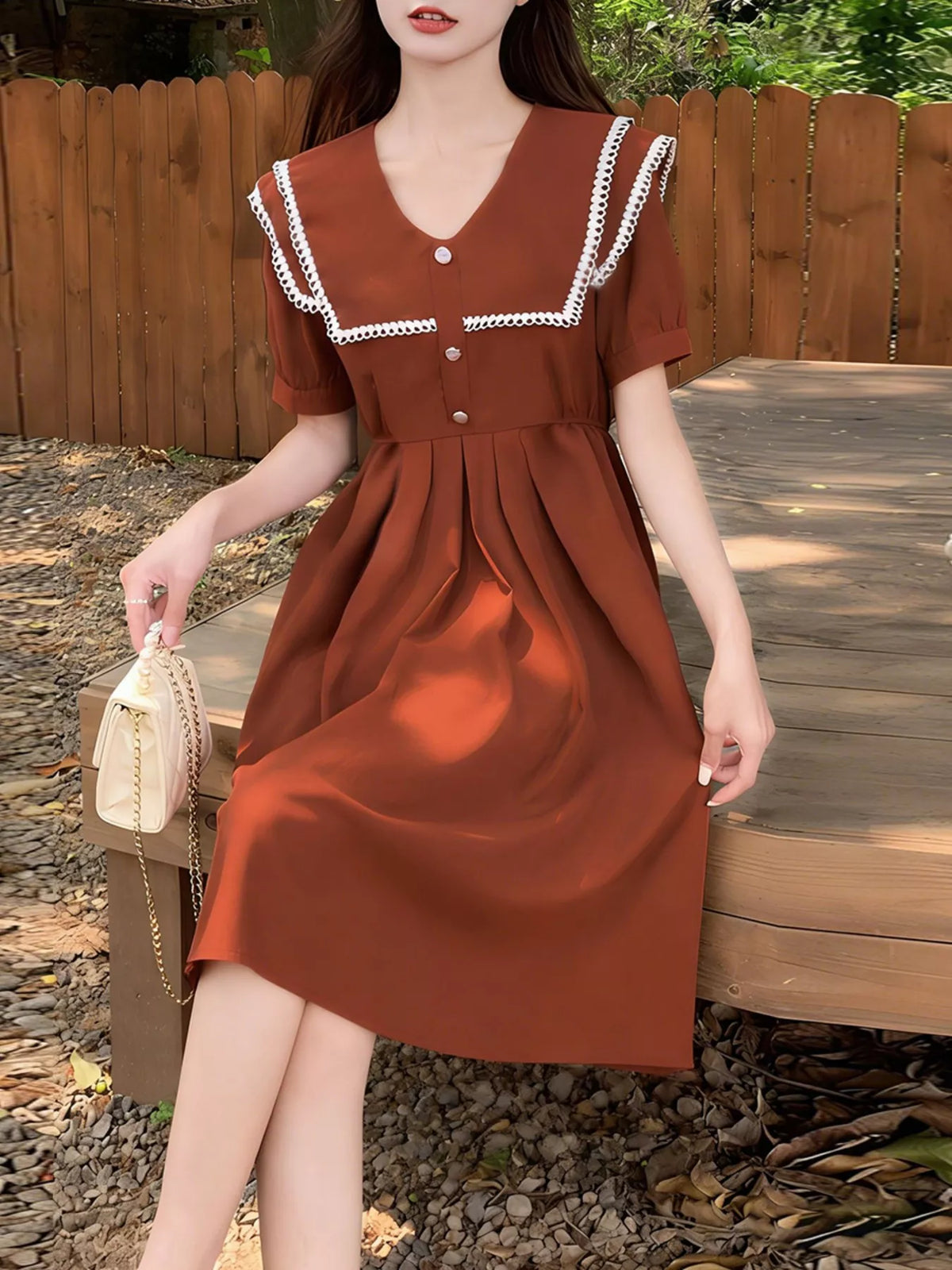 Sailor Collar Pleated Dress in Orange Red